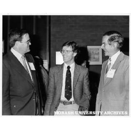 Victorian Treasurer Mr Rob Jolly (centre) with Dr Jack McDonell (left) and Vice-Chancellor Professor Ray Martin at Monash to deliver inaugural address at Centre for Continuing Education
