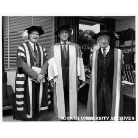 HRH Prince Philip, Duke of Edinburgh (centre) with Vice-Chancellor Professor Ray Martin (left) and Chancellor Sir George Lush after Silver Jubilee graduation ceremony