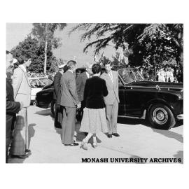 Prince Charles arriving at Monash being greeted by Vice-Chancellor Professor Ray Martin and Mrs Rena Martin