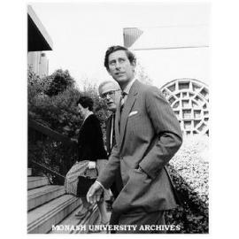 Prince Charles entering administration building accompanied by Chancellor Sir Richard Eggleston and Mrs Rena Martin
