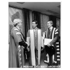 Prince Charles after award of honorary Doctor of Laws with Chancellor Sir Richard Eggleston (left) and Vice-Chancellor Professor Ray Martin