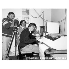 Chisholm Computer Imaging laboratory. Imaging Group lecturers Dr Charles Osborne (left) and Dr Imants Svalbe with computer imaging professional Mr Ron Van Schyndel