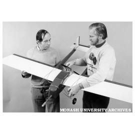 Half scale prototype design for remotely piloted plane and tracking system designed by Mr Don Scutt of Mechanical Engineering (right) and Dr Ian Kirkwood of Mathematics