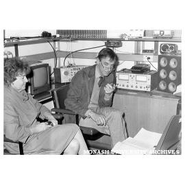 Lecturer in Communication Studies Dr Tony Keulemans and Librarian Ms Jean Gourlay taking part in tele-conference