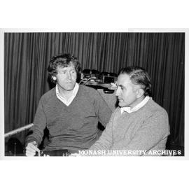 Paul Rodan (left) and David Ken preparing to tape CIT weekly program Renaissance Radio, on 3RRR