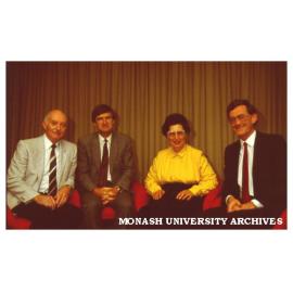 Chisholm computer staff. Ray Newland (Computer Centre Manager), Jack Greig (Head School of Computing & Information System), Pearl Levin (Principal Lecturer) and John White (Assoc. Director Planning & Resources)