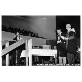 Chisholm conferring ceremony. Council President, Mr K. D. Green (right) with Mr Gerry Maynard (EDP) (left) and Mr David Muffet (Academic Registrar)