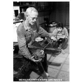 Visiting Danish glass artist Finn Lynggard with assistant Tchai Munch