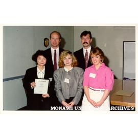 Winner and finalists in Mobil Oil Australia Prize. Winner Cindy Duong (left) with Gregor Howie from Mobil, and finalists, Nicholas Jackson and Barbara Rawlinson
