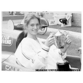 Driver of Project 80, Gabi Grasz, with first prize cup for College and University Division of 1981 Mileage Marathon