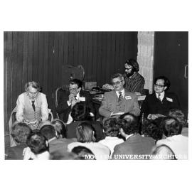 Symposium on robot technology. Mr D. Lord (Nissan, left), Mr J. Sandilands (Vehicle Builders Employees), Mr R.Tobias (Dept. Science & Technology), Mr Bob Thompson (EDU) and Dr Yow-Lam Oh (Centre for Robotics)