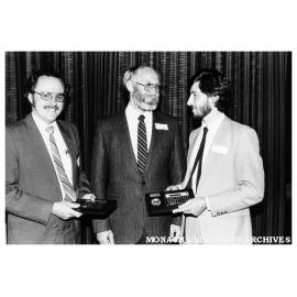 Winning team at National Enterprise Workshop, from left: Brian Taylor, Tim Haslett (senior lecturer, department of Management) and Steve Wharton
