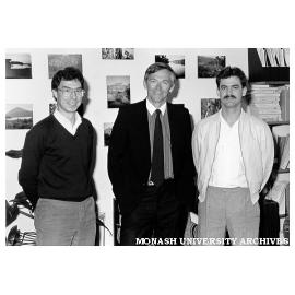 Visiting Professor Jaromir Ruzicka of Technical University of Denmark, with lecturer Ian McKelvie (left) and research officer Paul Freeman (right) of Chemistry and Biology