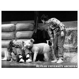 Elizabeth Paterson as Fern and Roland Manderson as Avery with Wilbur the pig, in 'Charlotte's Web'