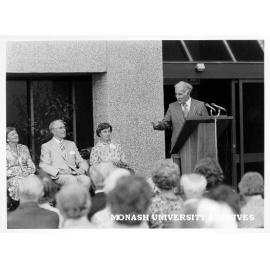 Opening of Frank Groves building. Governor General Sir Zelman Cowen (right), Lady Cowen (left), CIT Director Ron Cumming and Mrs Cumming