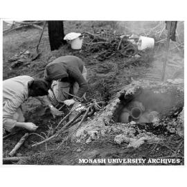 Students firing pots at camp on French Island