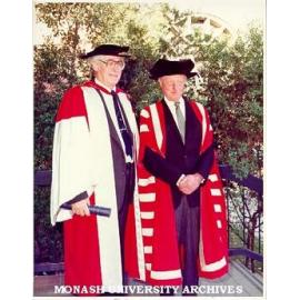 Sir Richard Eggleston and Chancellor Sir George Lush, after award of Sir Richard's honorary Doctor of Laws