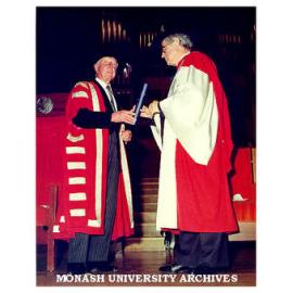 Chancellor Sir George Lush presenting Sir Richard Eggleston with honorary Doctor of Laws