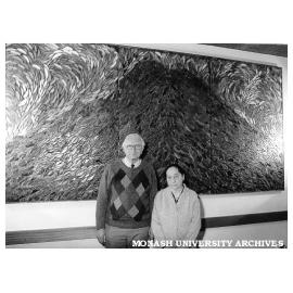 Mr Doug Ellis and artist Mrs Frieda Reiss in front of her donated 'Hope' mosaic on wall of Altis Grove coffee lounge, Sports and Recreation Centre