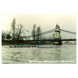 Rowing team. Cambridge Blue Boat and Monash shooting Hammersmith Bridge on the Boatrace course