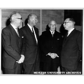 Dignitaries at launch of Great Hall Appeal. Vice-Chancellor Dr Louis Matheson (left) with chairman of the Parents' Great Hall fundraising committee Mr T. A. Pettigrew, Sir Charles Lowe and Chancellor Sir Robert Blackwood