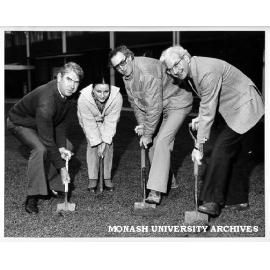 Turning first sods on site of Microbiology building, from left Dr E. Westaway, Mrs Juliana Prpic, Dr Ron Bayly and Professor Sol Faine