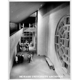 Lobby, Robert Blackwood Hall, with Lindesay Clark window by Leonard French at right.