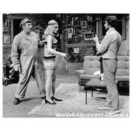Scene from 'Witness'. Colin Hughes (left) as Window Washer, Judith Roberts (centre) as Miss Preston and Ron Owen as Young Man