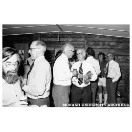 Dr Louis Matheson and guests in Bush Haven cabin at Mt Burnett, following opening of Monash Observatory