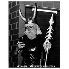 Dr Ian Hiscock dressed to lead Viking contingent of audience in 'The Stone Wall'