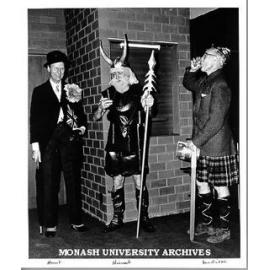 Professor Ken Hunt (left), Dr Ian Hiscock and Dr Louis Matheson, dressed for performance of 'The Stone Wall'
