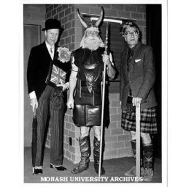 Professor Ken Hunt (left), Dr Ian Hiscock and Dr Louis Matheson, dressed for performance of 'The Stone Wall'