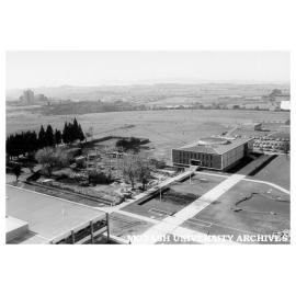 Religious Centre site with University Offices at right, Halls of Residence in left background