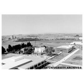 Religious Centre site with University Offices at right, halls of residence in left background