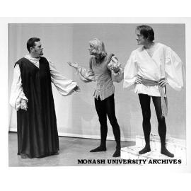Scene from 'Othello'. Noel Bradey as Roderigo (centre) and Raymond Long as Iago (right)