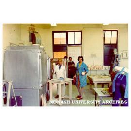 Caulfield Technical College Ceramic Design staff and students. Kiln operator Bob Collins (left), Course Leader Lindsay Anderson (centre back), and students