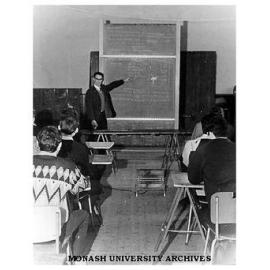 Caulfield Technical College Lecturer, Neil Smith and students at Epping Street Methodist Church Hall