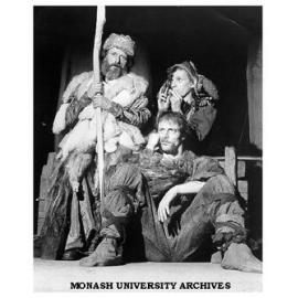 Scene from 'King Lear' at Alexander Theatre. Reg Evans as Lear, Robert Bell as Earl of Kent and Joe Bolza as Lear's Fool