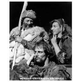 Scene from 'King Lear' at Alexander Theatre. Reg Evans as Lear, Robert Bell as Earl of Kent and Joe Bolza as Lear's Fool