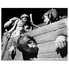 Scene from 'King Lear' at Alexander Theatre. Reg Evans as Lear, Robert Bell as Earl of Kent and Joe Bolza as Lear's Fool