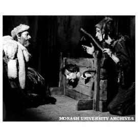 Scene from 'King Lear' at Alexander Theatre. Reg Evans as Lear, Robert Bell as Earl of Kent and Joe Bolza as Lear's Fool