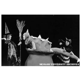 Scene from 'The Meg and Mog Show'. Catherine McQuillen as Meg, Norman Yemm as Steggie and David Dodd as Mog