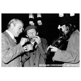 Opening night of 'Puckoon'. from left: Unidentified man, James Wright, Franciscus Henri
