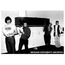 Cast members of 'Puckoon' during rehersals. Fom left: Hu Pryce, James Wright, Harold Baigent, Marion Heathfield