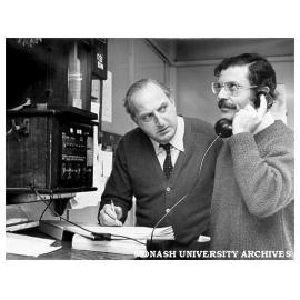Cast member of 'The Signalman's Apprentice' at local railway station signal box. John Frawley (left) and Alan Tobin