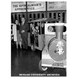 Guests at opening of 'The Signalman's Apprentice', Mrs Manton and Professor Guy Manton (standing)