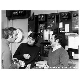 Director and cast members of 'The Signalman's Apprentice' in local railway station signal box. Peter Batey, Director (left), Gary Gray and Alan Tobin