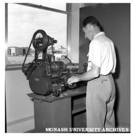 Physics machine shop interior with first working machine operated by Ken Nuske