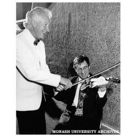 Carl Pini of The Melbourne String Quartet and Professor Peter Darvall at the launch of the quartet at Robert Blackwood Hall
