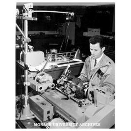 Ken Nuske coil winding in the Physics workshop.